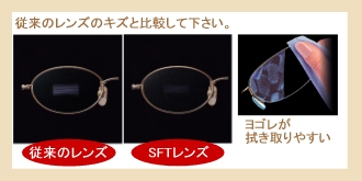 従来のレンズのキズと比較して下さい。ヨゴレがふき取りやすい!
